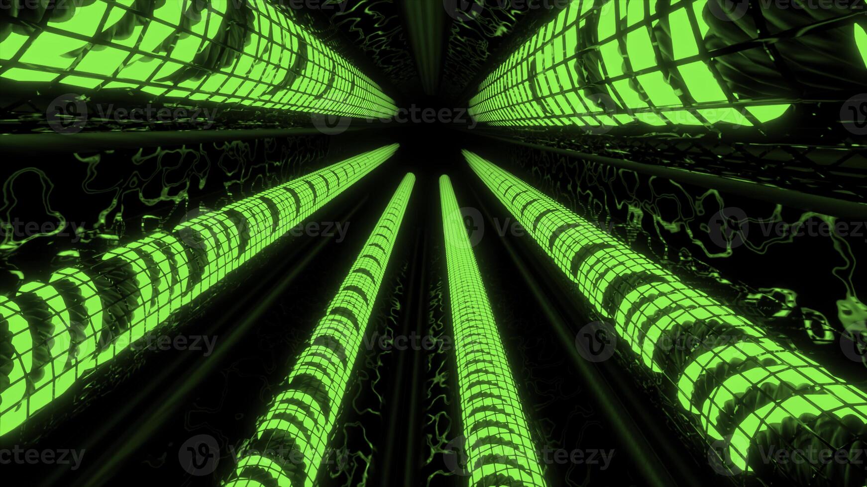 Futuristic looking metal pipes, camera moving through the tunnel. Design. Acid colorful glowing corridor. photo