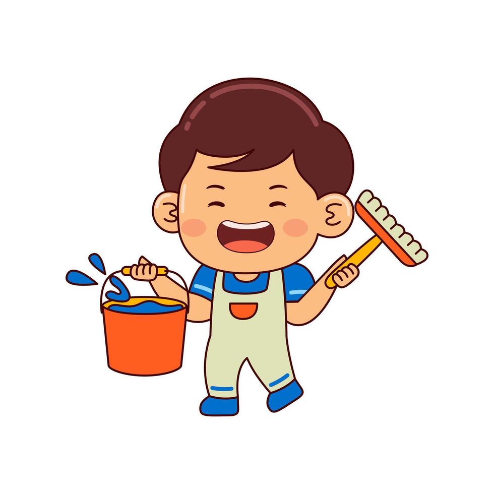 cute house cleaner boy cartoon character vector