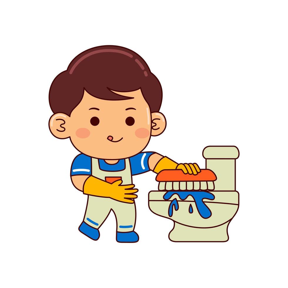 cute house cleaner boy cartoon character vector