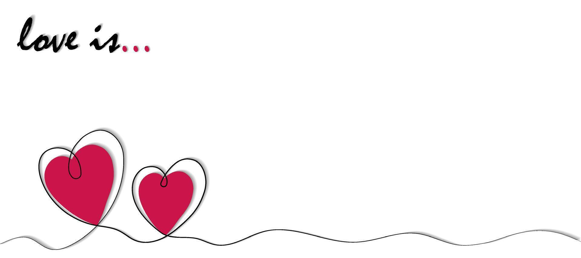 Heart symbol of Valentines Day. Linear style, wide banner with place for text and copy space, with shadow on white background. The inscription Love is vector