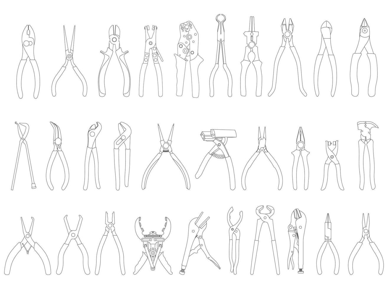 Hand drawn Kids drawing Cartoon Vector illustration Set Different Types pliers icon Isolated on White Background