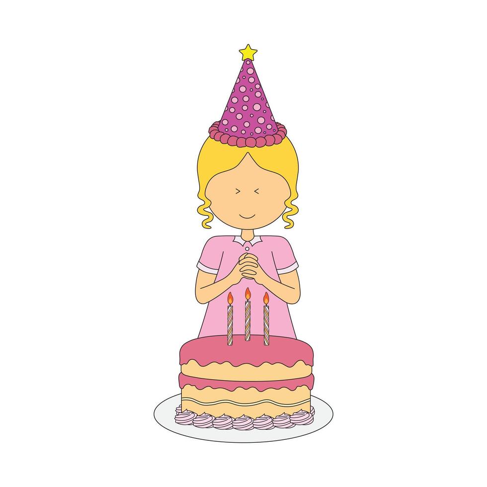 kids drawing Vector illustration cute girl celebrating birthday flat cartoon isolated