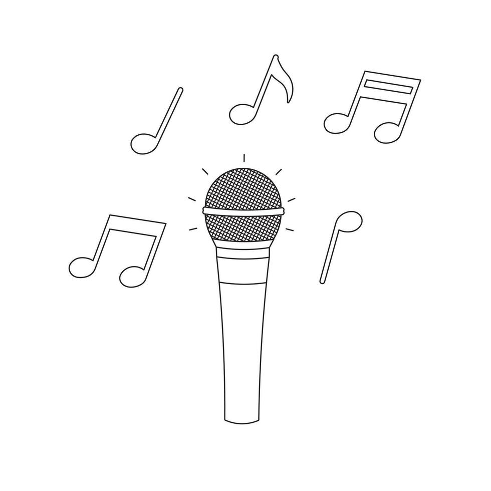 Hand drawn kids drawing Vector illustration microphone and music note flat cartoon isolated