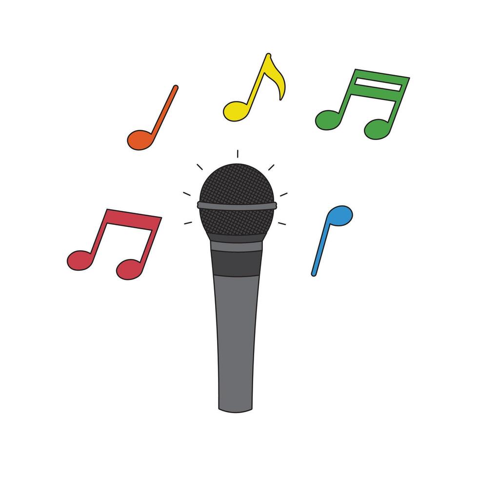 kids drawing Vector illustration microphone and music note flat cartoon isolated