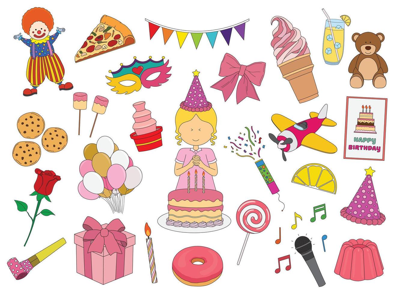 kids drawing Set of cute girl Celebration Happy Birthday Party Isolated vector icon in doodle style