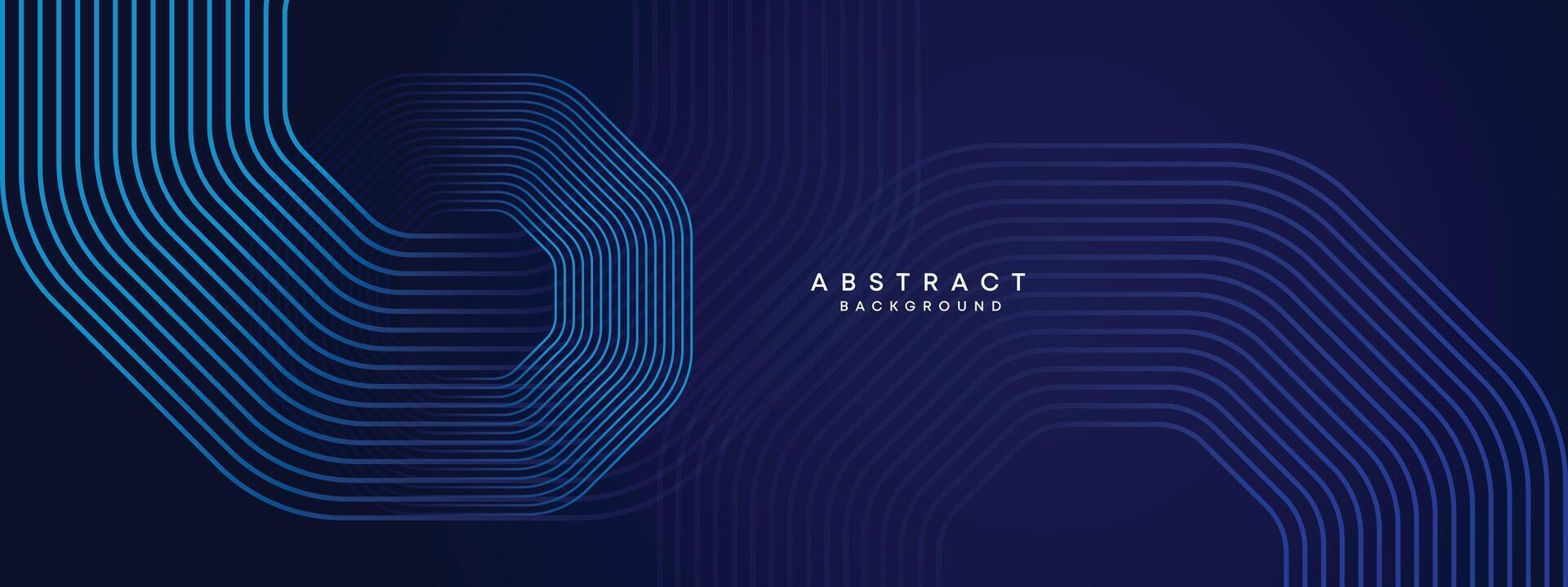 Abstract Dark Navy Blue Waving circles lines Technology Background. Modern gradient with glowing lines shiny geometric shape and diagonal, for brochure, cover, poster, banner, website, header vector