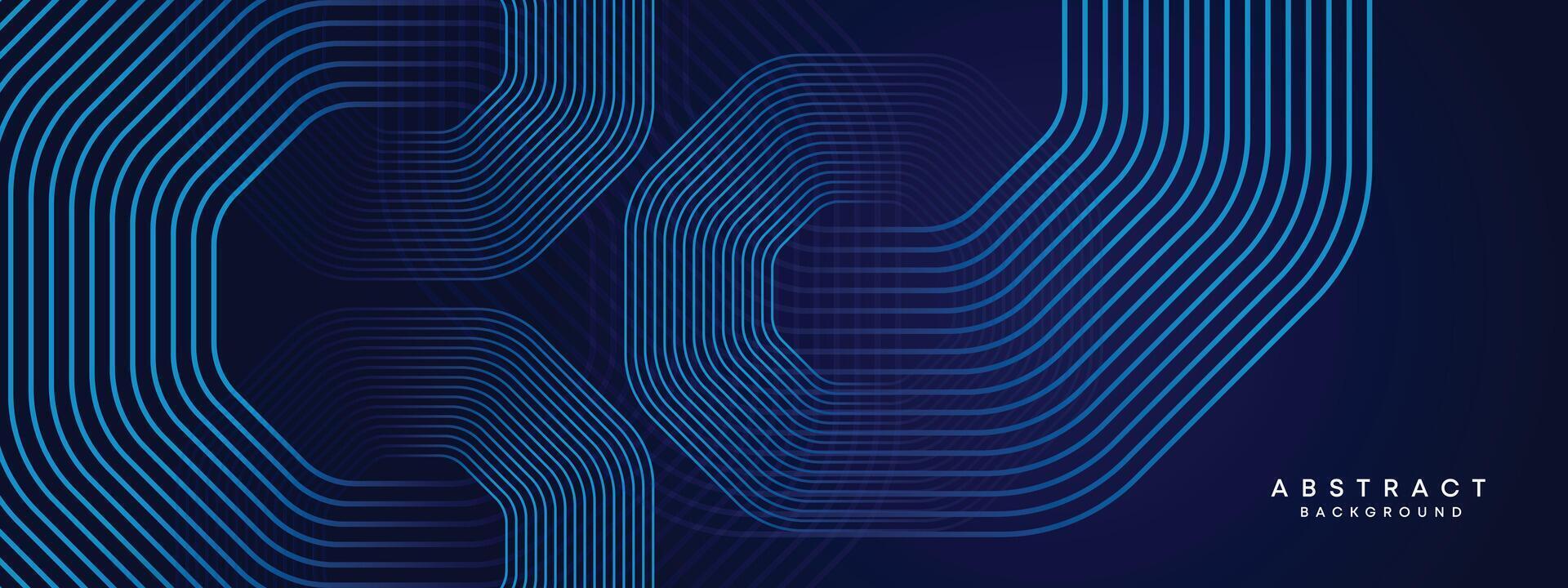 Abstract Dark Navy Blue Waving circles lines Technology Background. Modern gradient with glowing lines shiny geometric shape and diagonal, for brochure, cover, poster, banner, website, header vector