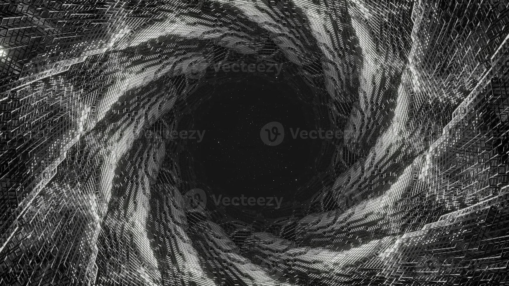 Swirling dark tunnel. Design. Black mink with twisted 3d lines. Dark tunnel with swirling lines from 3d matrix code photo