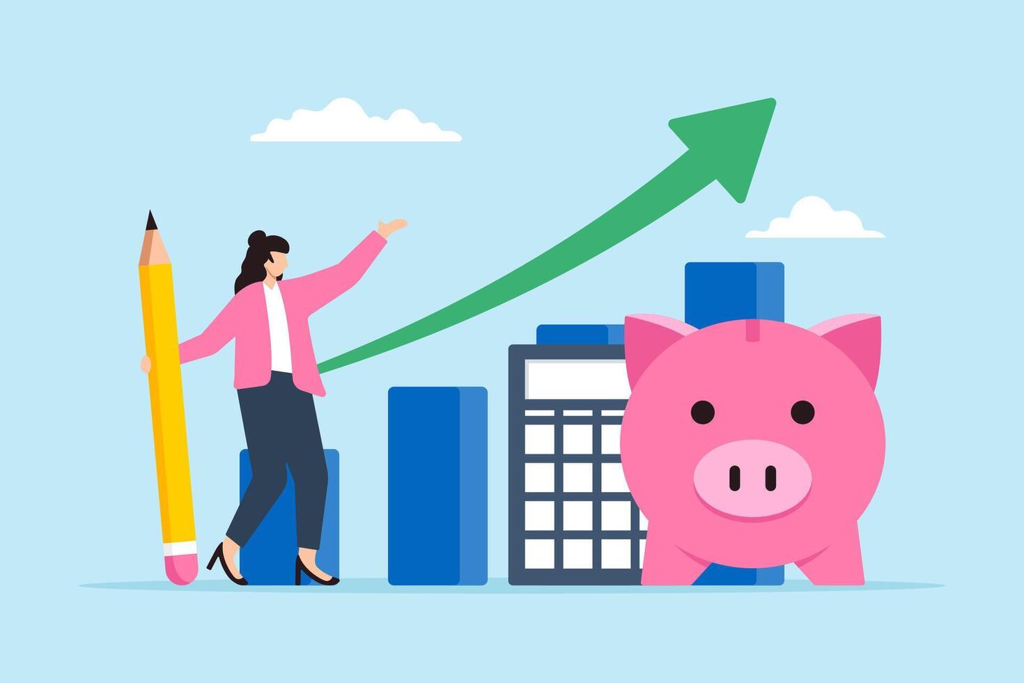 Woman plans savings with piggy bank growth chart vector