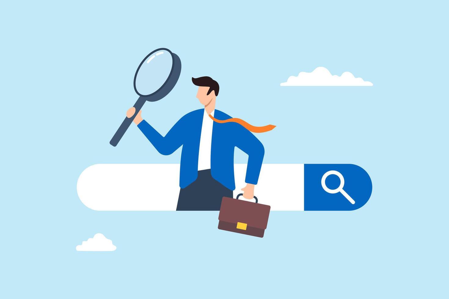 Businessman discover new website from search box using magnifying glass vector