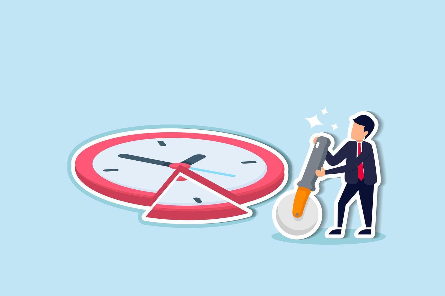 Time allocation, manage limited time to optimize outcome, project management or efficiency and productivity concept, smart businessman cut clock face with pizza cutter metaphor of time management. vector