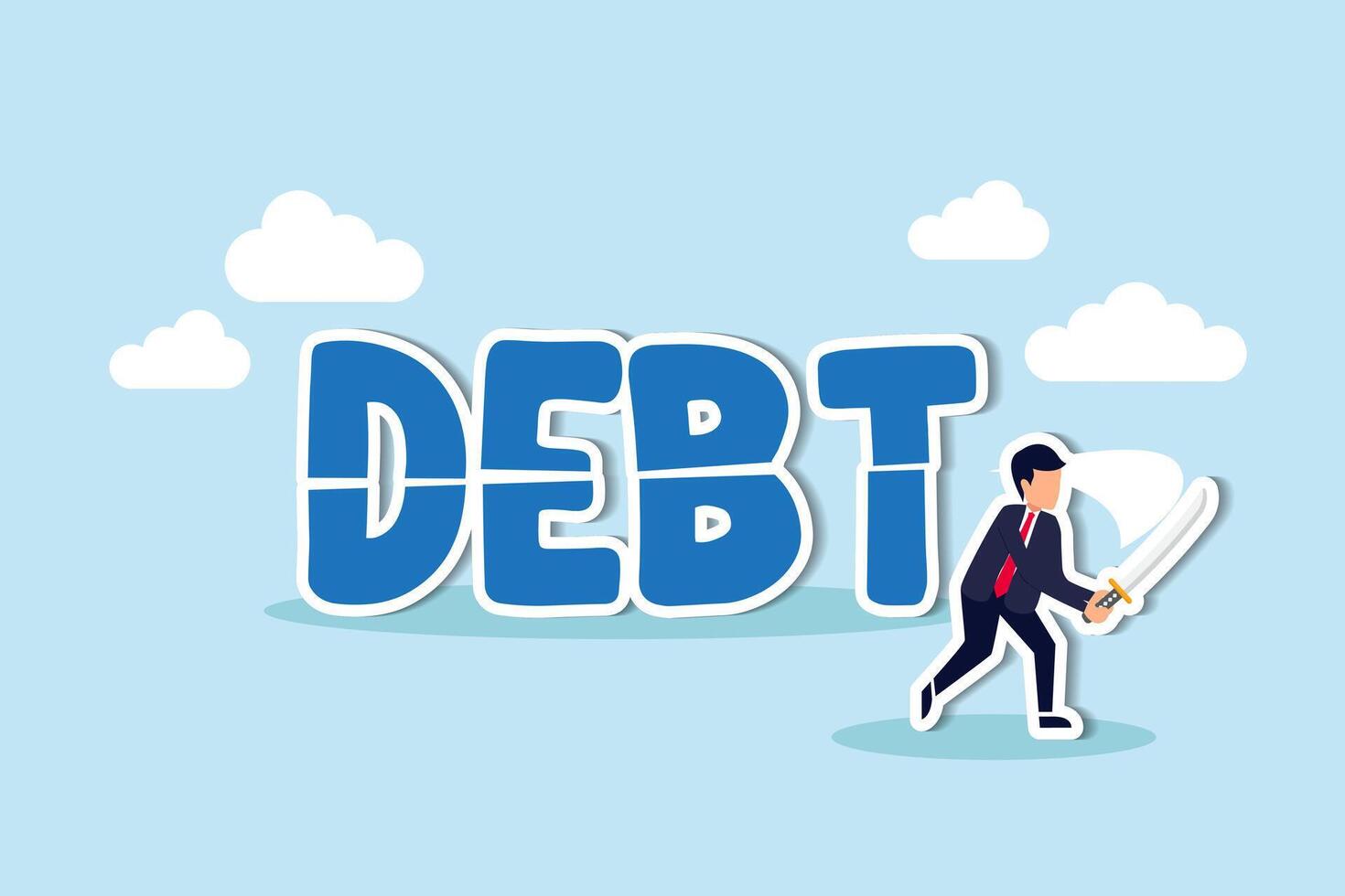 Cut debt, negotiate with bank or debtor to reduce amount of loan and mortgage payment, solution for money management concept, smart confidence businessman cutting or slice the word DEBT in half. vector