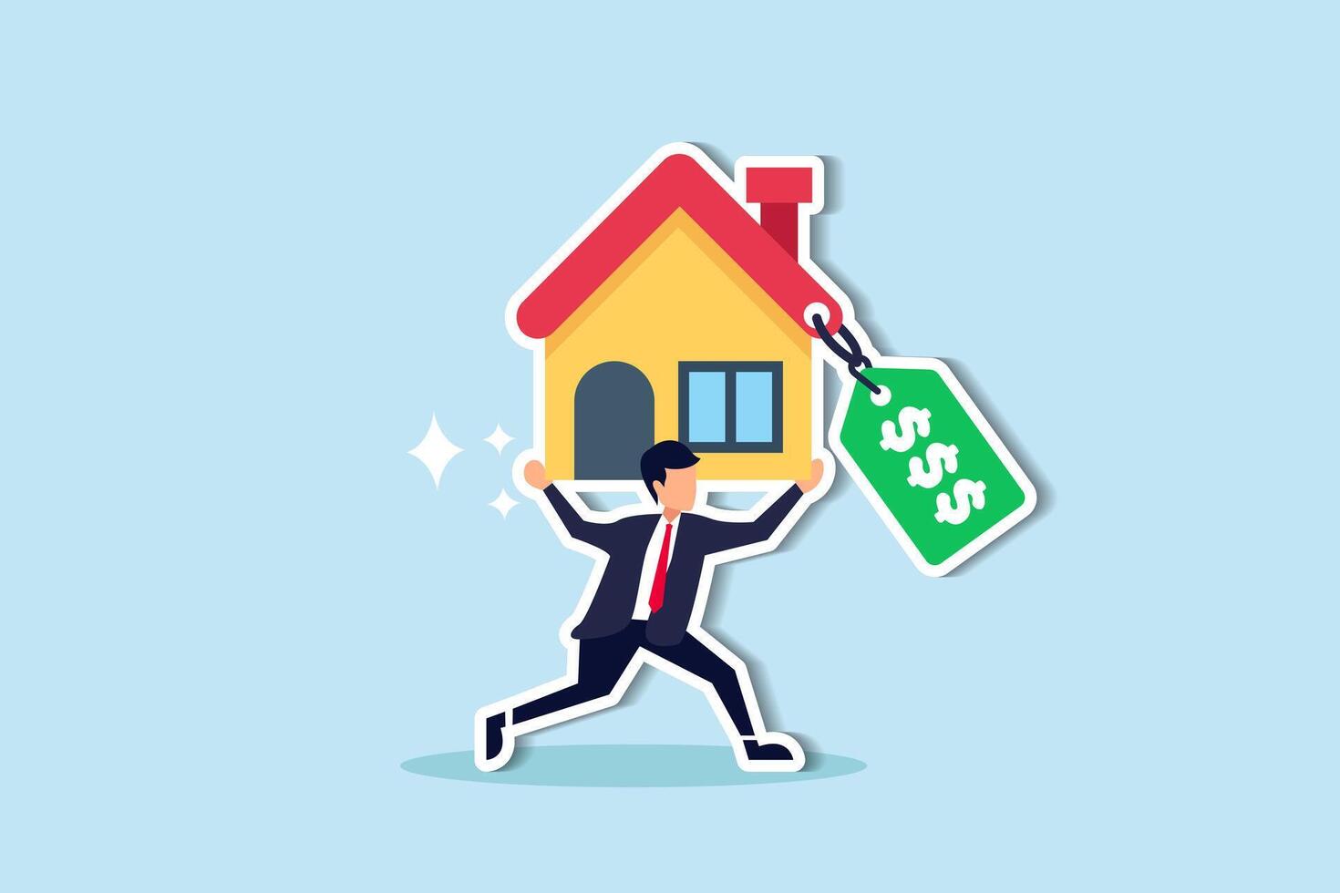 Overpay in real estate and house mortgage, too much invest or expense to pay for debt and loan in economic crisis concept, tried depressed office worker man carrying house with expensive price tag. vector