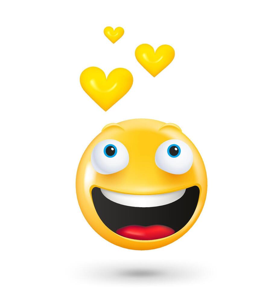 Yellow cute emoji face with yellow hearts. Romantic concept. 3d vector illustration