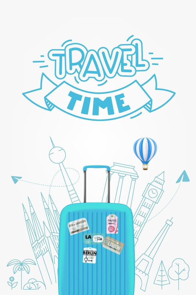 Blue bag with world sights. Travel time concept with lettering logo. vector illustration