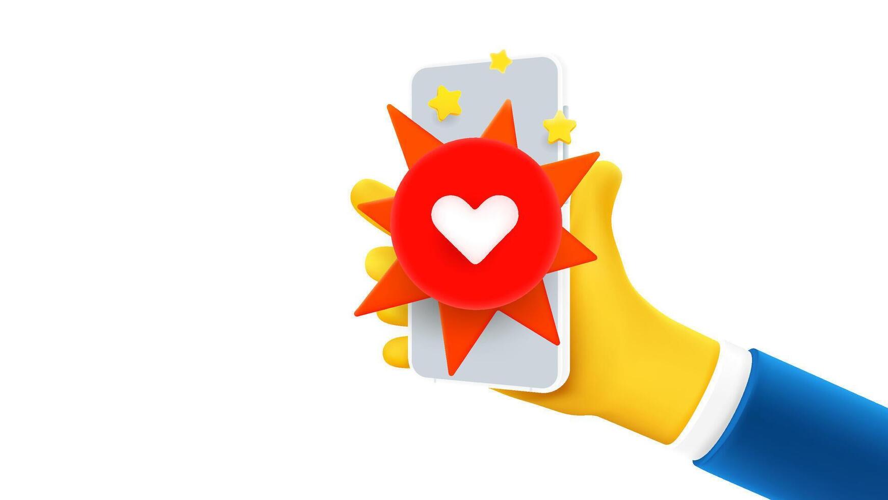 Man holding smartphone with heart sign on the screen. 3d vector banner with copy space