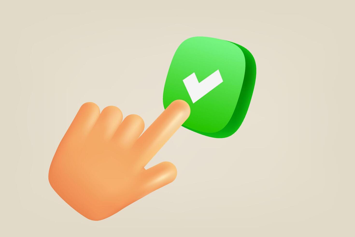 Comic hand touching green button with checkmark. 3d vector illustration