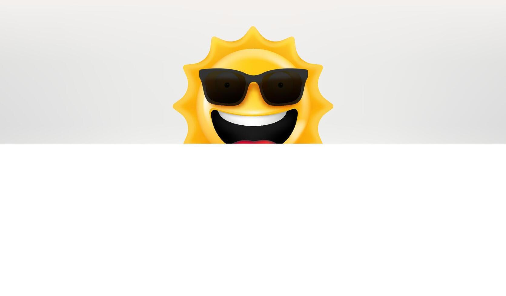 Cute happy sun emoji with sunglasses looking on you. 3d vector illustration with copy space