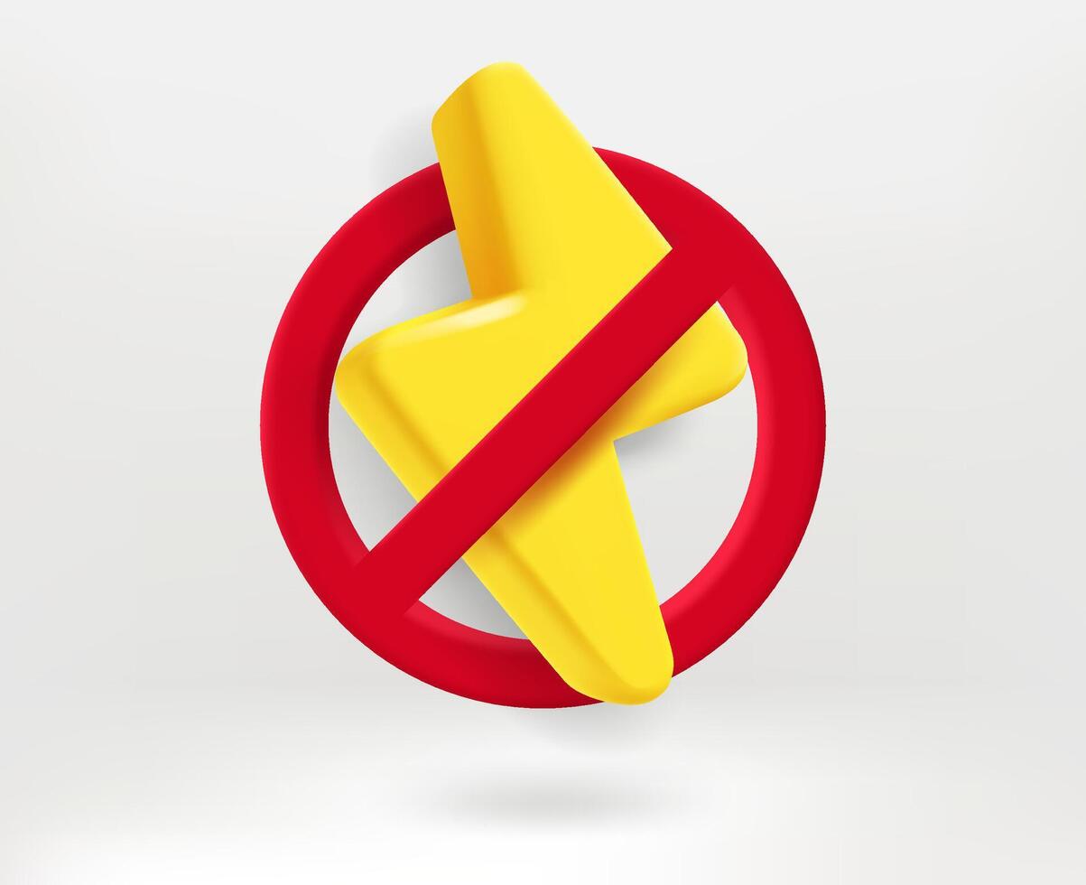 Yellow bolt with red crossed line in circle. 3d vector illustration