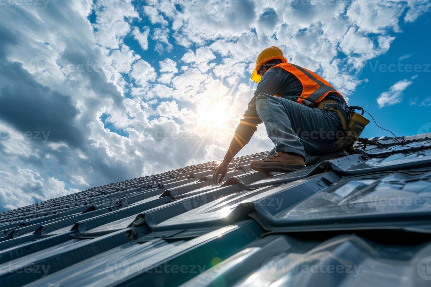 AI generated Construction worker hands working on roof tiles installation closeup. Generative AI photo