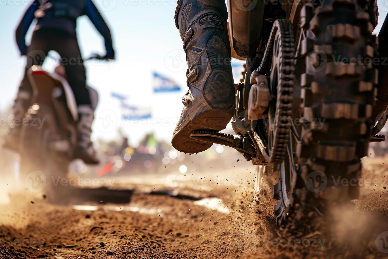 ai generado motocross jinete montando en suciedad pista de cerca neumático generativo ai foto