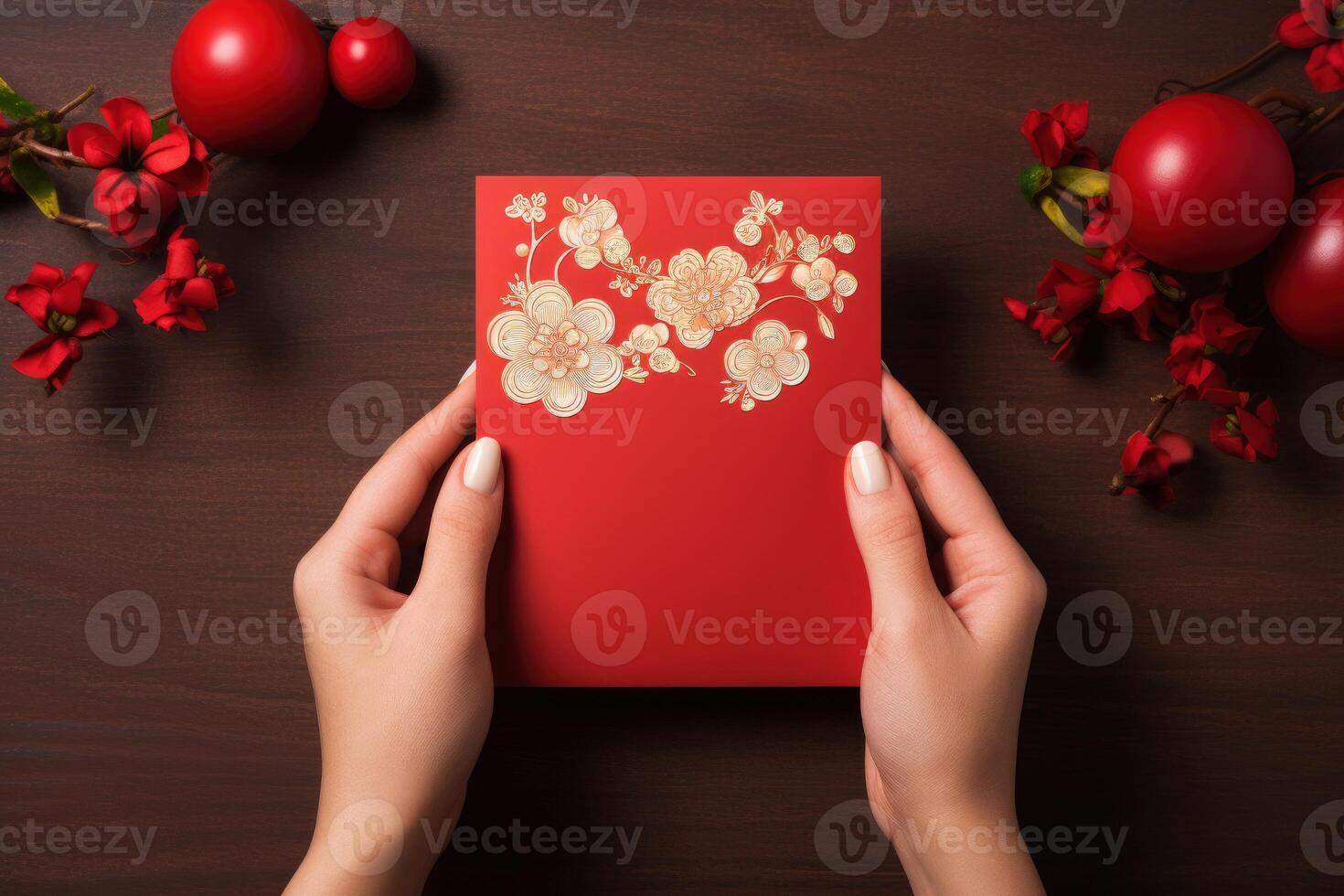 AI generated hand woman holding with blank red card. Chinese new year concept .generative ai photo