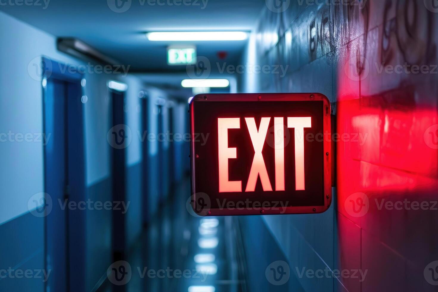 AI generated The Exit sign glowing in red shows the word EXIT to doorway. Generative AI. photo