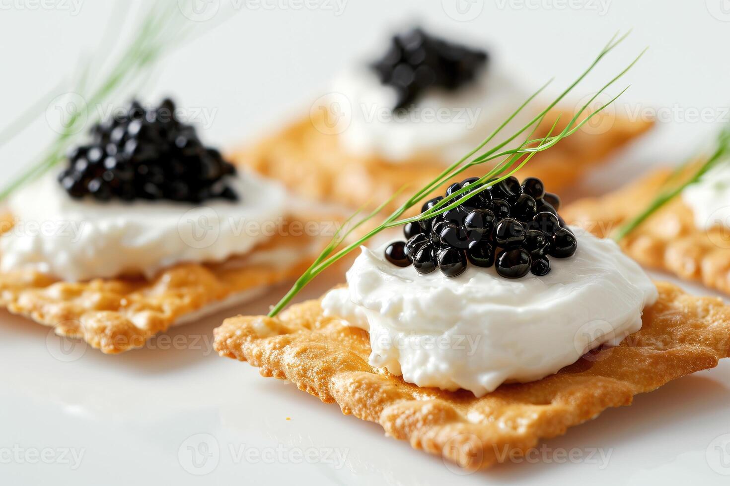 AI generated crackers with cream cheese and black caviar, white backgroud. Generative AI. photo