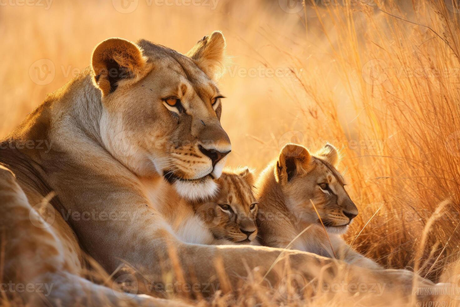 AI generated Lioness and young lion cub. Wildlife animal outdoors on its natural habitat. AI generative photo