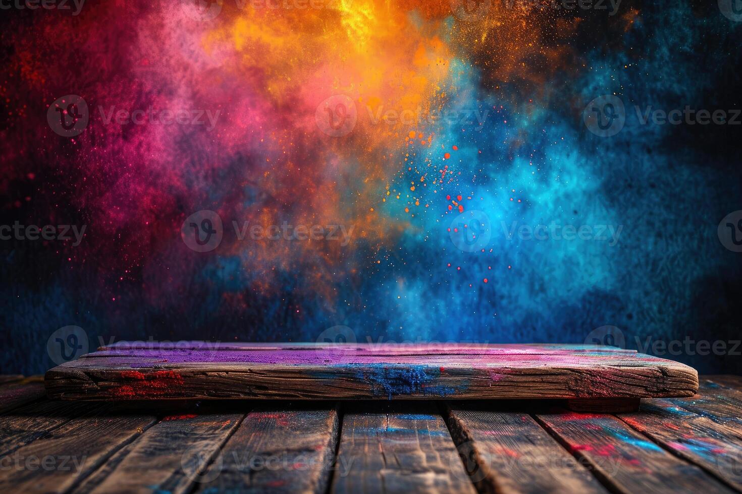 AI generated Colorful Holi powders on a top table with bokeh lights for mockup , AI generative photo