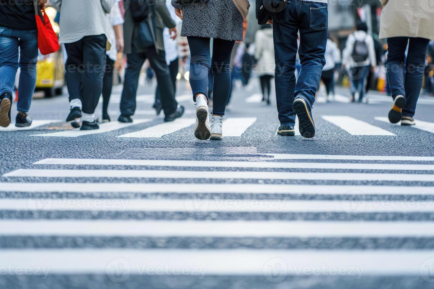 AI generated crowd people walking on crosswalk in the city street . Generative AI photo