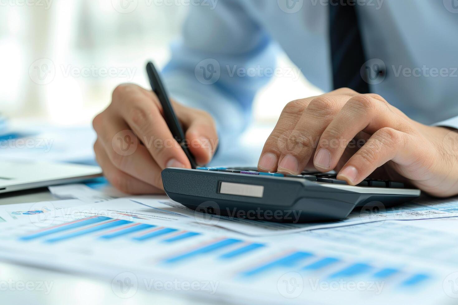 AI generated Financial data analyzing counting concept for Businessman's hands with calculator and laptop on desk in modern office. Generative AI photo