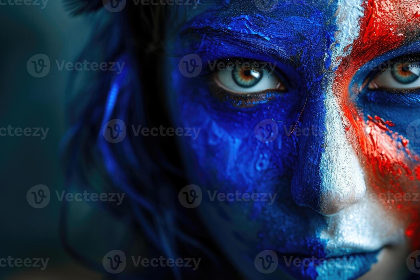 AI generated French Supporter with Flag Face Paint . France 2024 Olympic concept .Generative AI photo