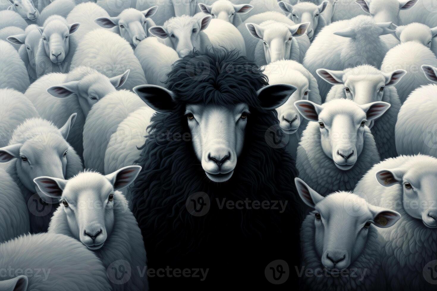 AI generated A flock of white sheep with black in the middle. generative ai photo