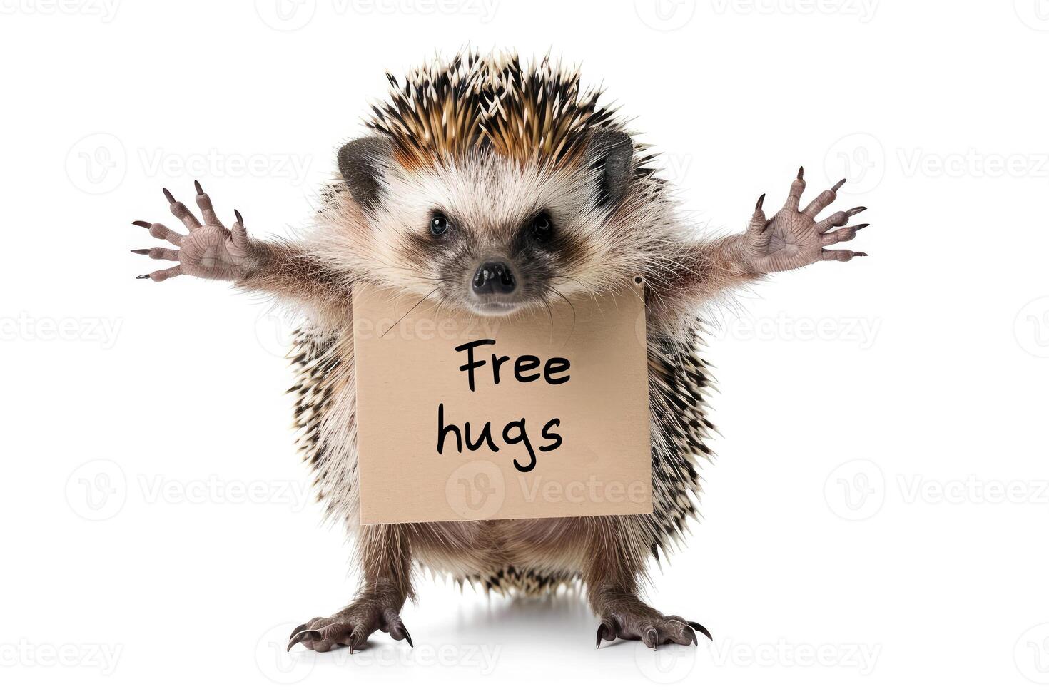 AI generated a hedgehog with Free hugs banner amused isolated on a transparent background, generative ai photo