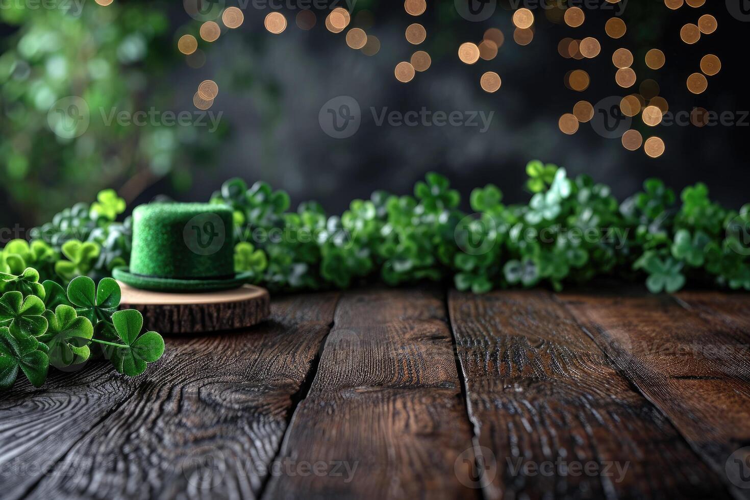 AI generated St. Patrick's Day concept. wooden table in front of shamrock leaf background . Generative Ai. photo