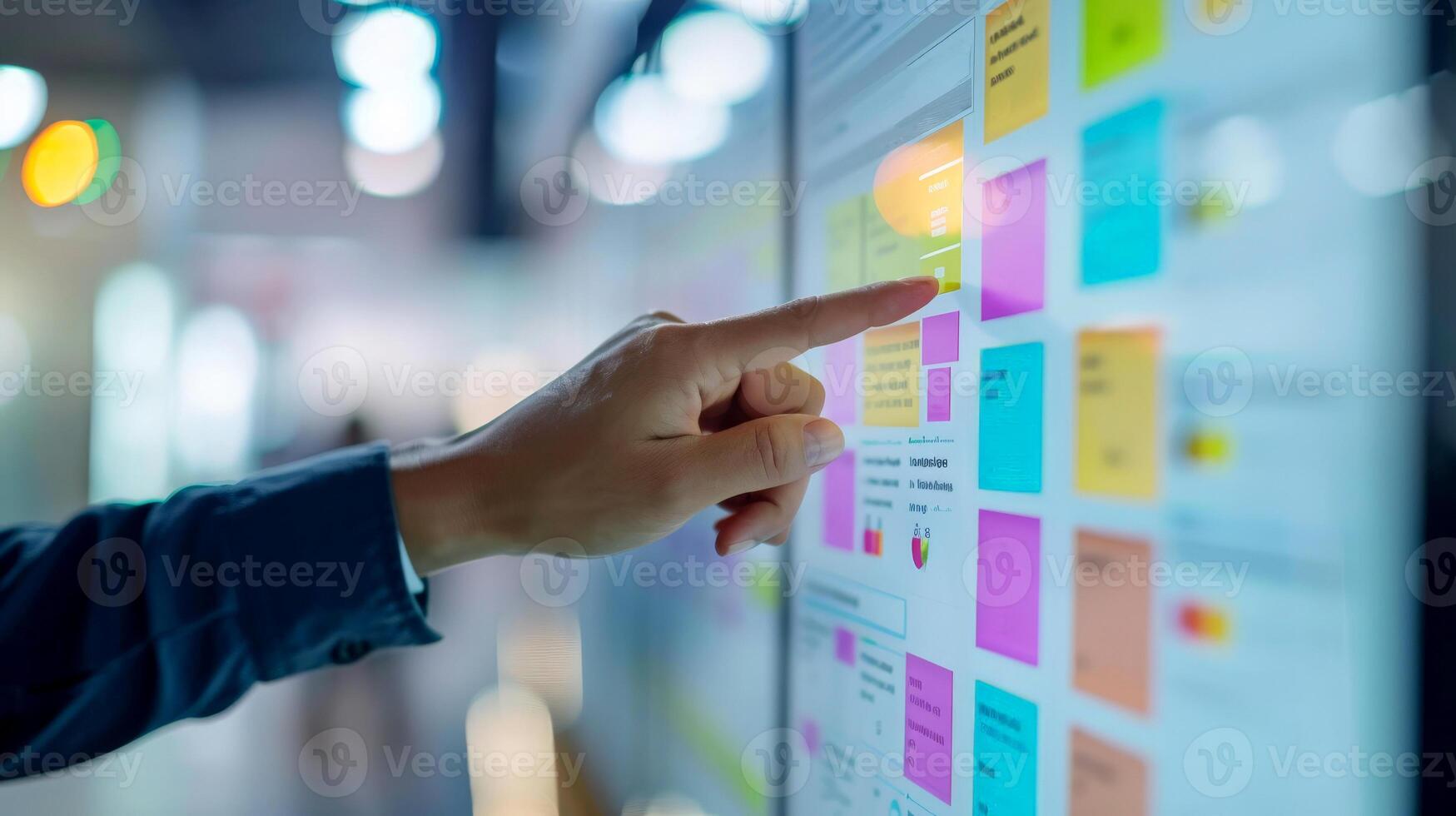 AI generated Agile software development scrum methodology boards. workflow, Finger touching virtual interface.AI generative photo