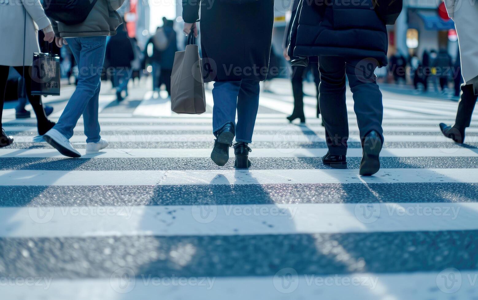 AI generated crowd people walking on crosswalk in the city street . Generative AI photo