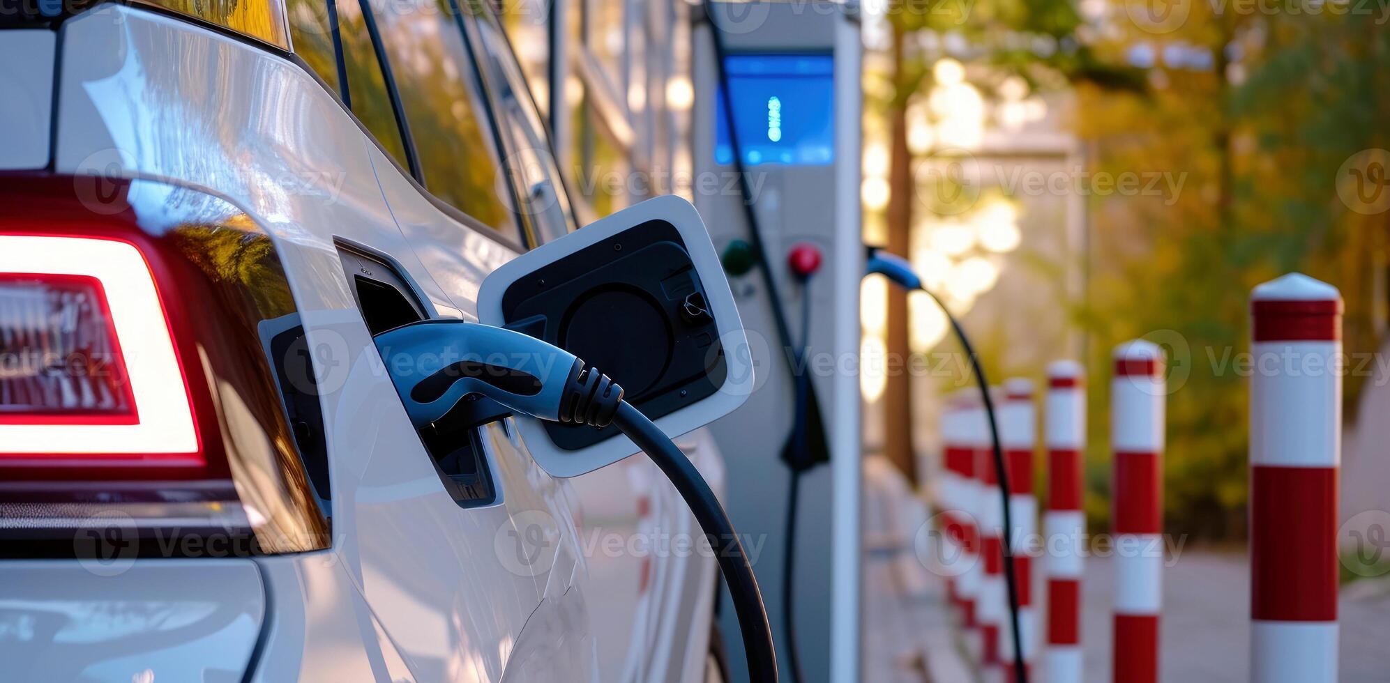 ai generado eléctrico vehículo cargando estación atascado dentro coche. limpiar energía para un sostenible futuro. generativo ai foto