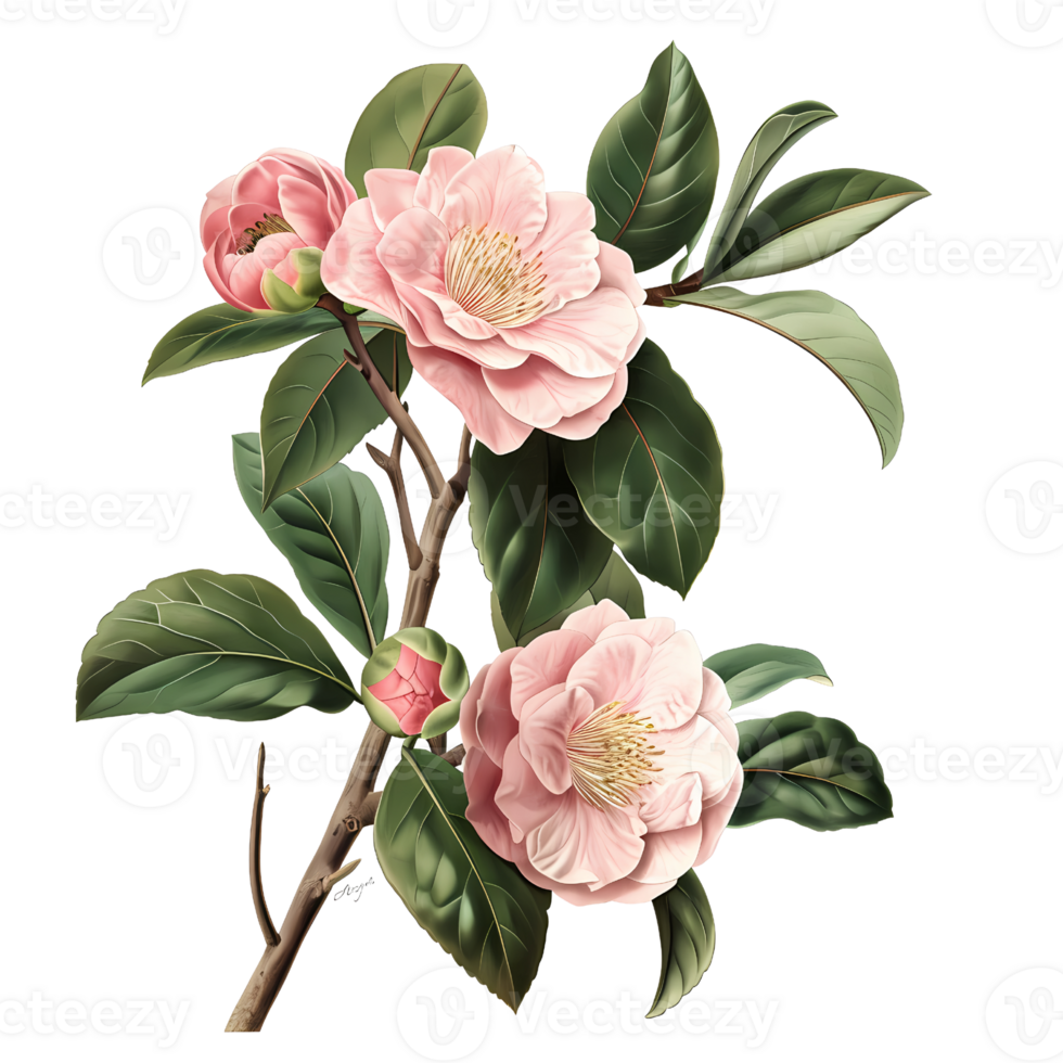 AI generated Camellias and leaves on a white background watercolor illustration. png