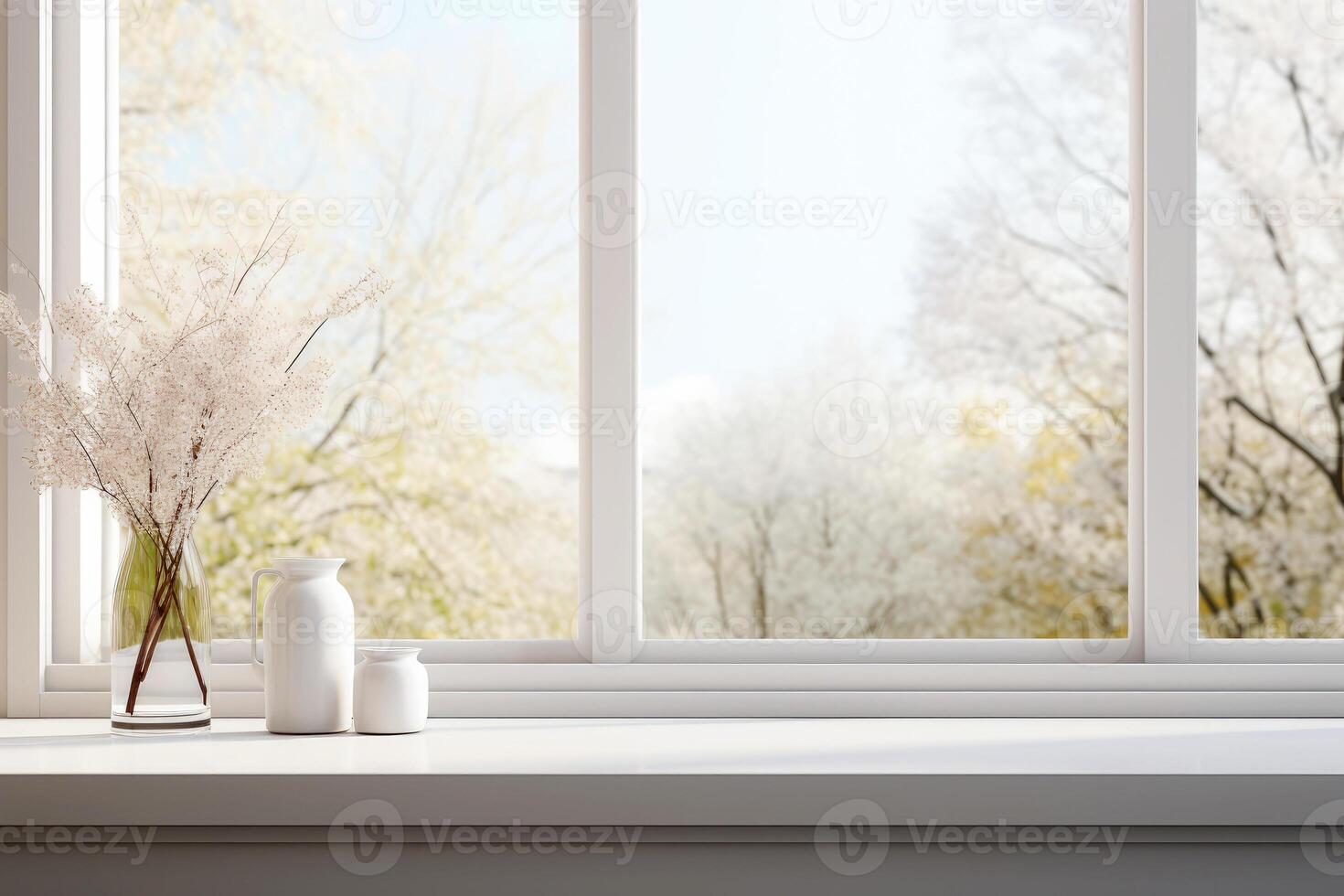 AI generated Empty White marble table the background of a window for product Mockup. Generative AI photo