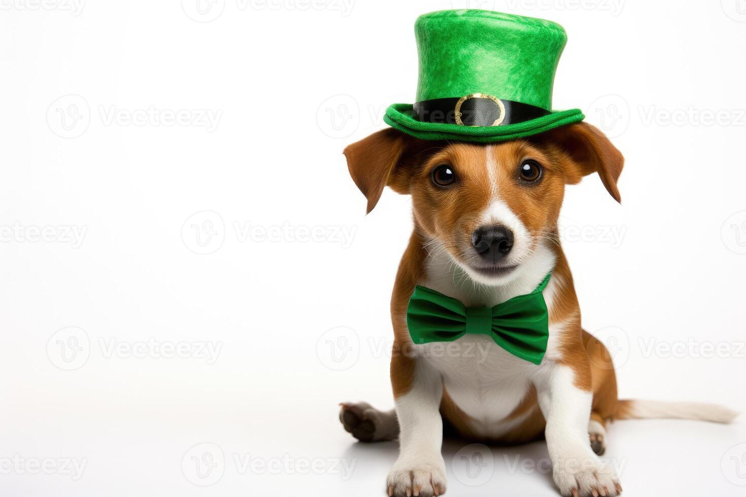 AI generated a dog portrait with a hat for St. Patrick's Day, in the style of fantasy illustration. Generative AI photo