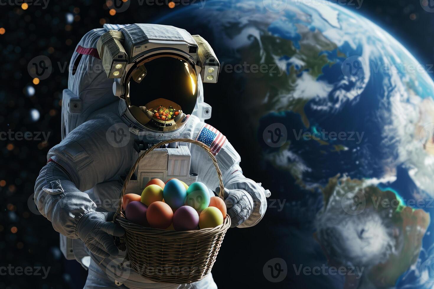 AI generated A space astronaut hold Easter eggs in basket. earth planet background. Generative ai photo