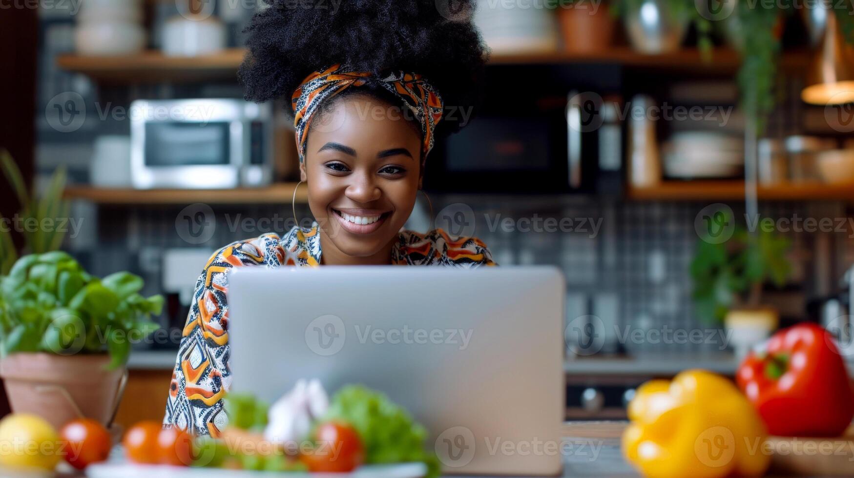 AI generated a woman using a tablet computer to cook in her kitchen Generative AI photo