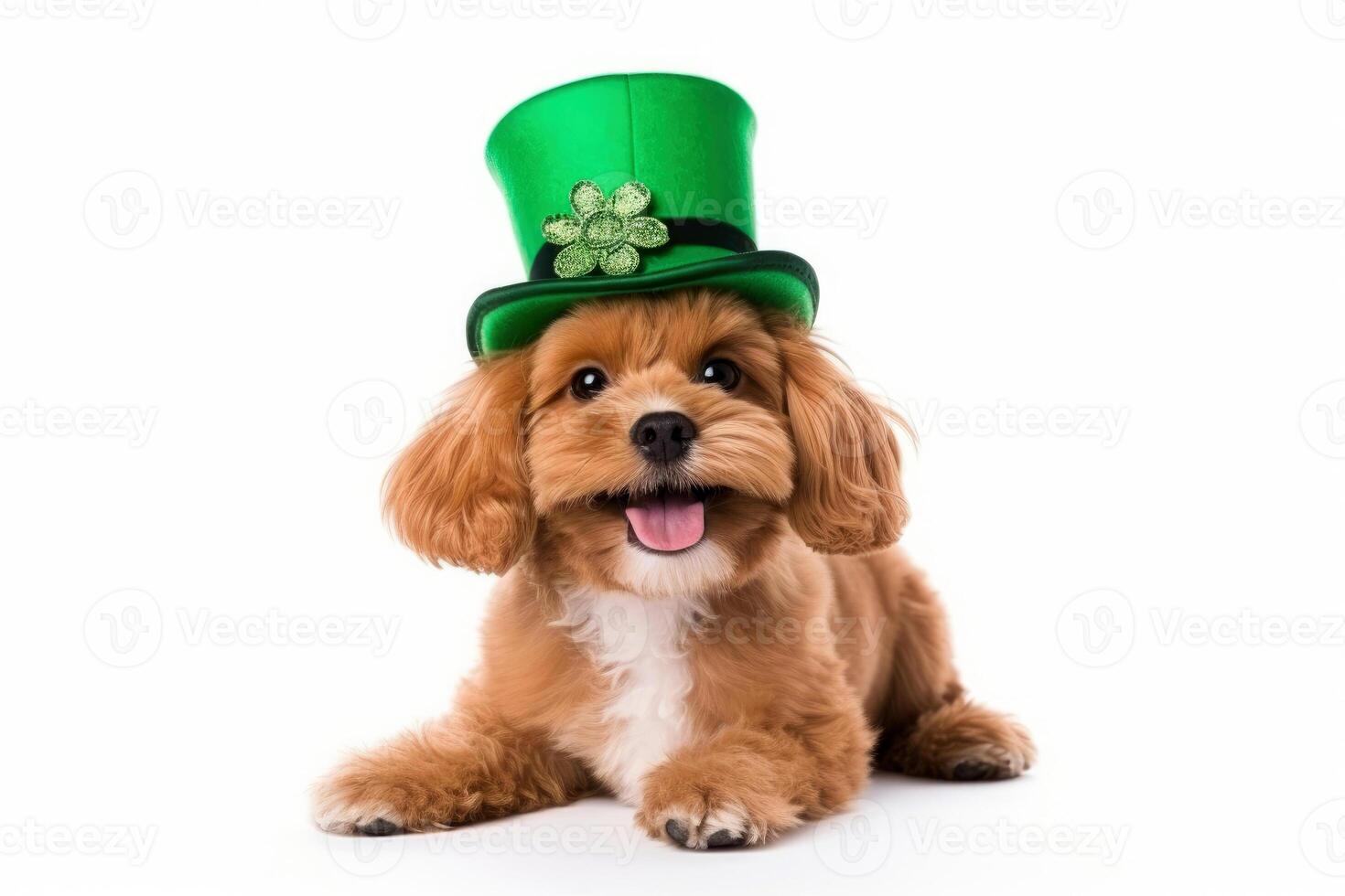 AI generated a dog portrait with a hat for St. Patrick's Day, in the style of fantasy illustration. Generative AI photo