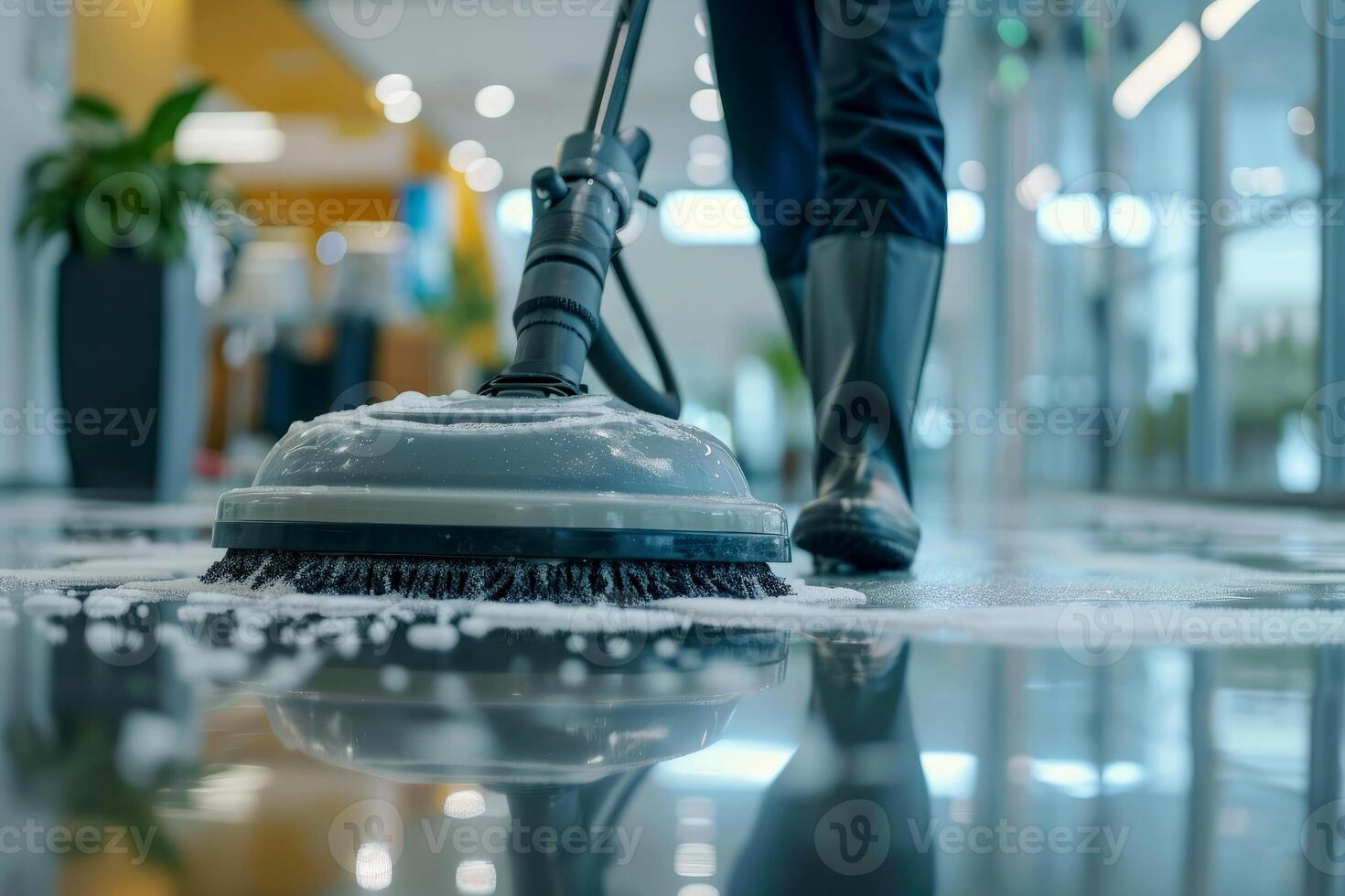 AI generated Cleaning Floor with Polishing Machine Indoors. Generative ai photo
