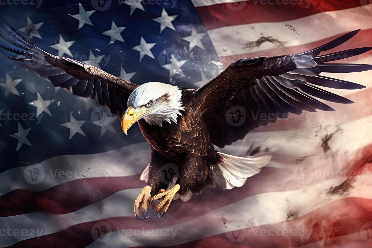 AI generated Illustration of an eagle on the background of the American flag closeup. Ai generation photo