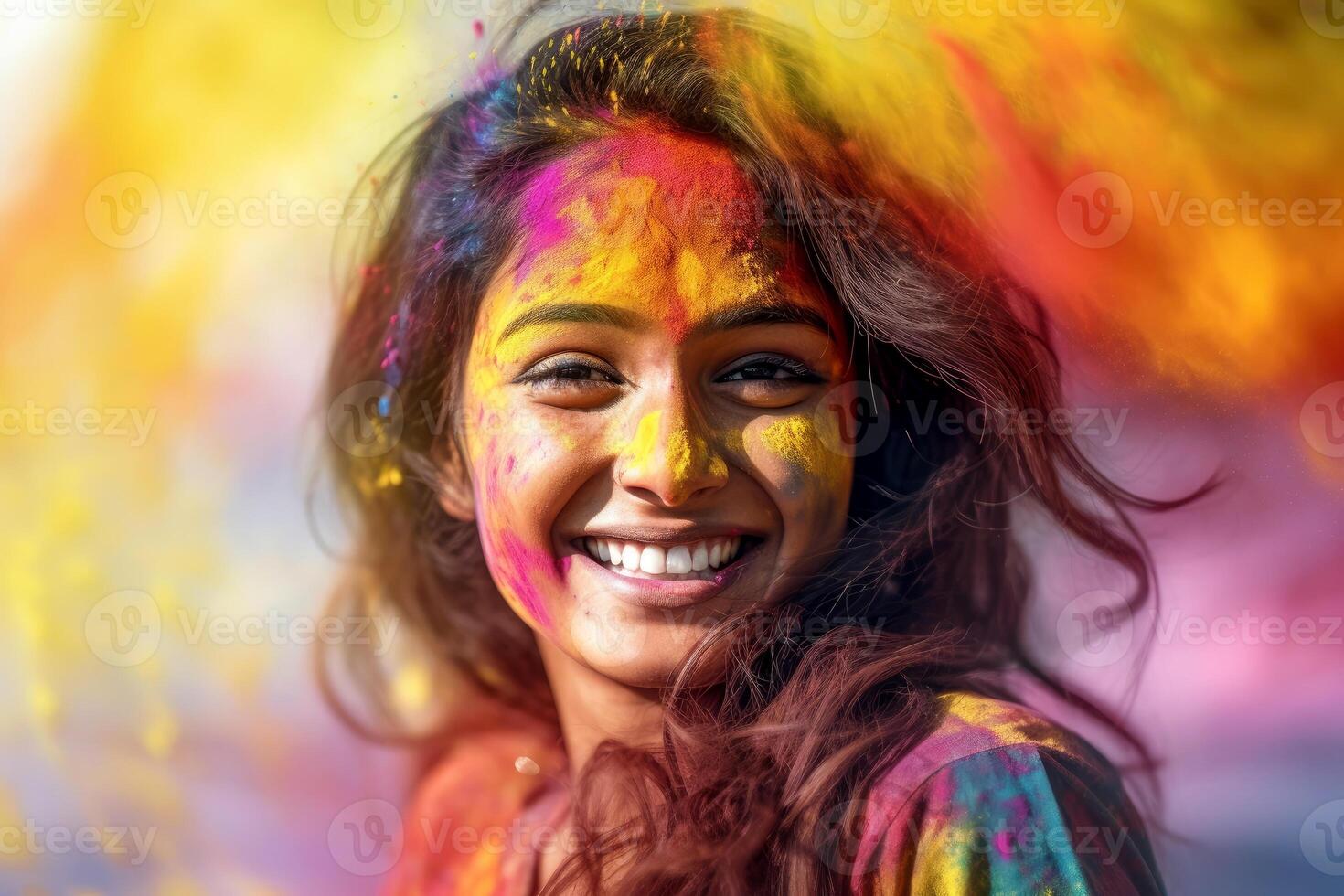 AI generated Holi festival, portrait of a young woman in colorful powder explosion. Generative AI. photo