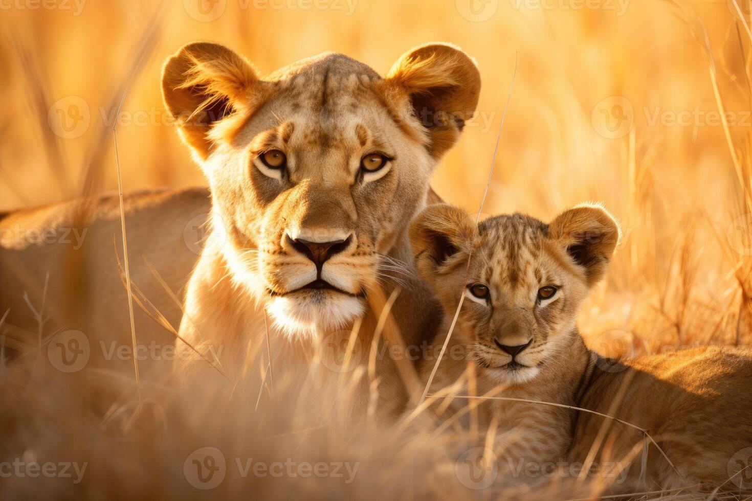 AI generated Lioness and young lion cub. Wildlife animal outdoors on its natural habitat. AI generative photo