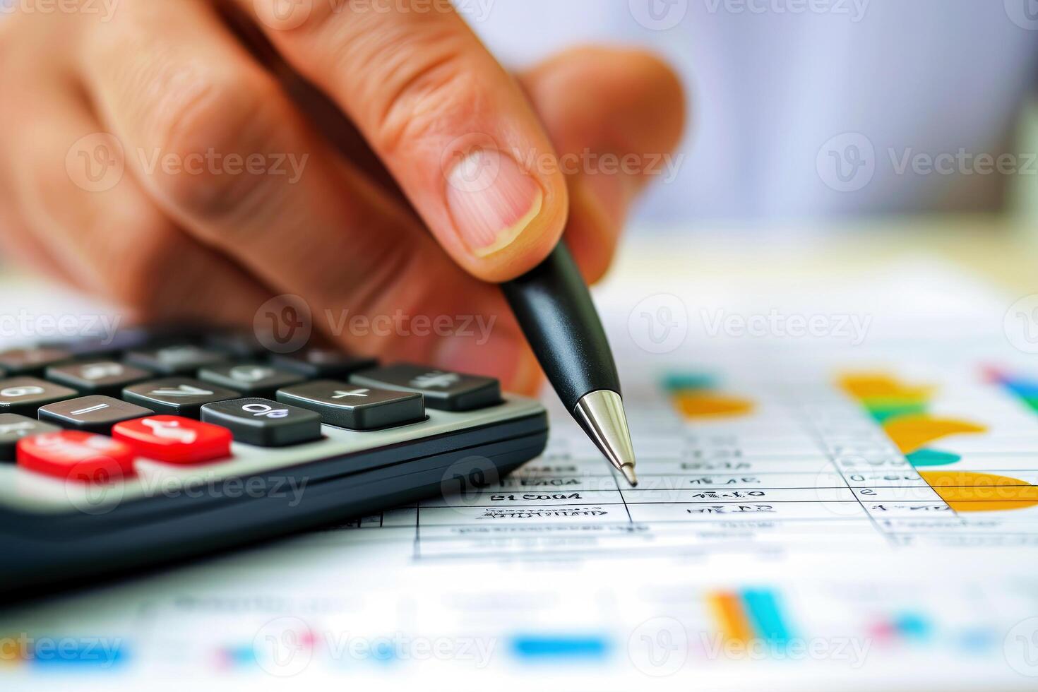 AI generated Financial data analyzing counting concept for Businessman's hands with calculator and laptop on desk in modern office. Generative AI photo